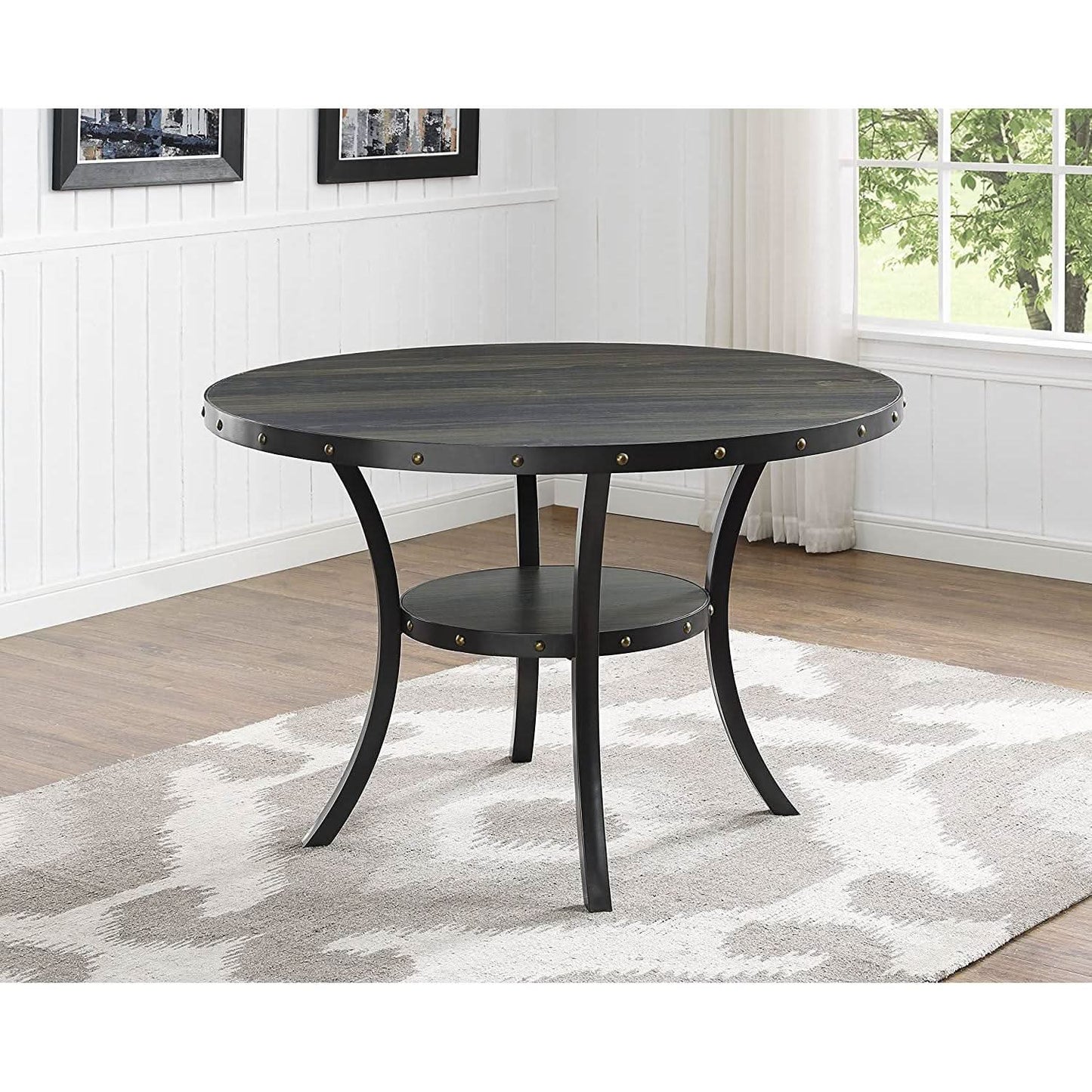 Tan Fabric Nailhead Dining Set 5 Piece Round Table