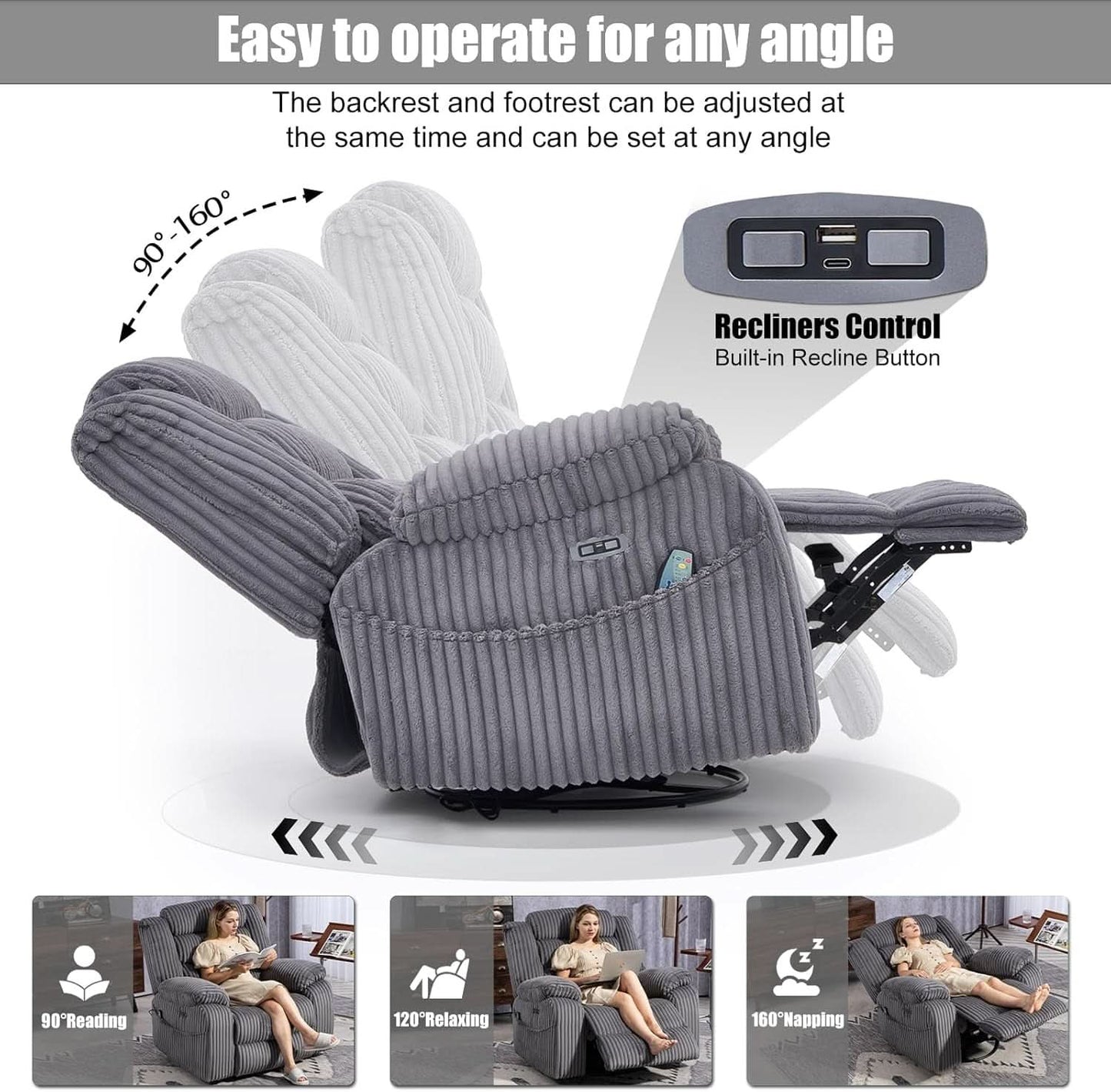 Grey Heated Massage Power Recliner With USB Port Charging