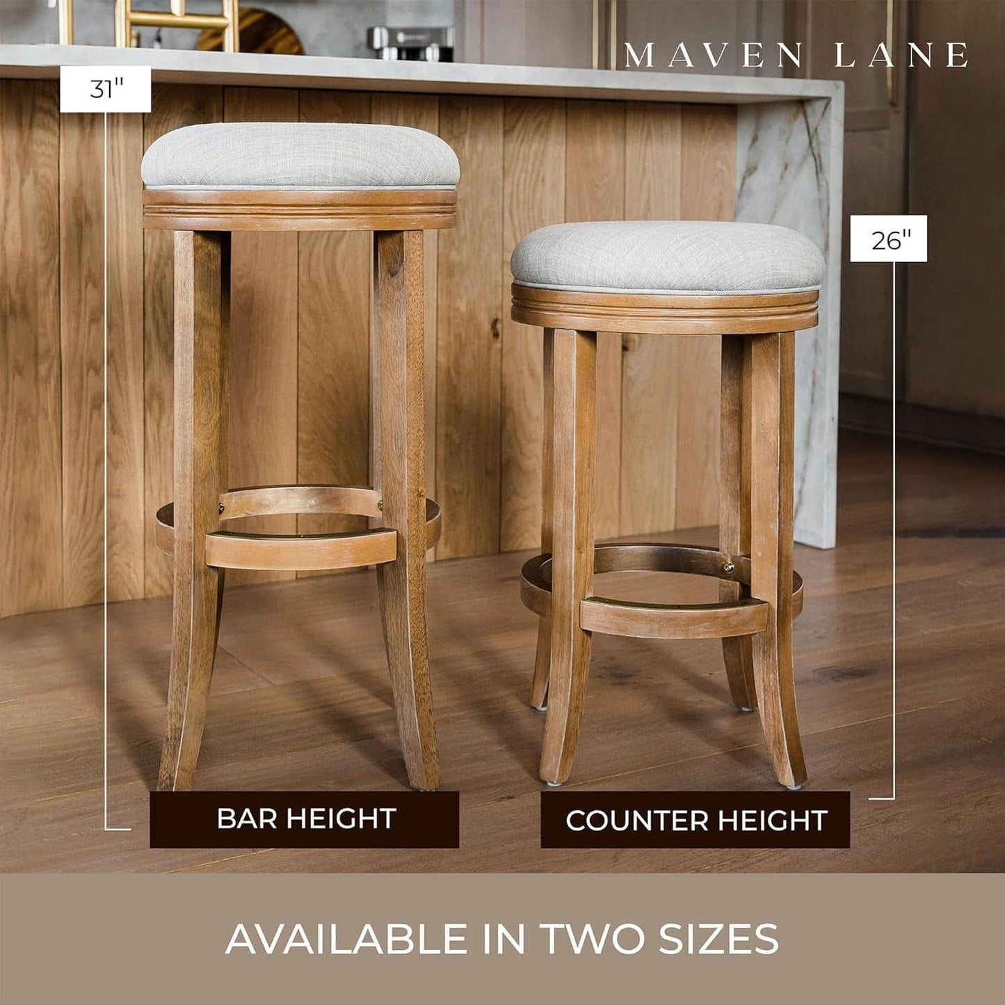 Eva 31 Inch Bar Height Backless Swivel Bar Stool Weathered Oak Sand Fabric