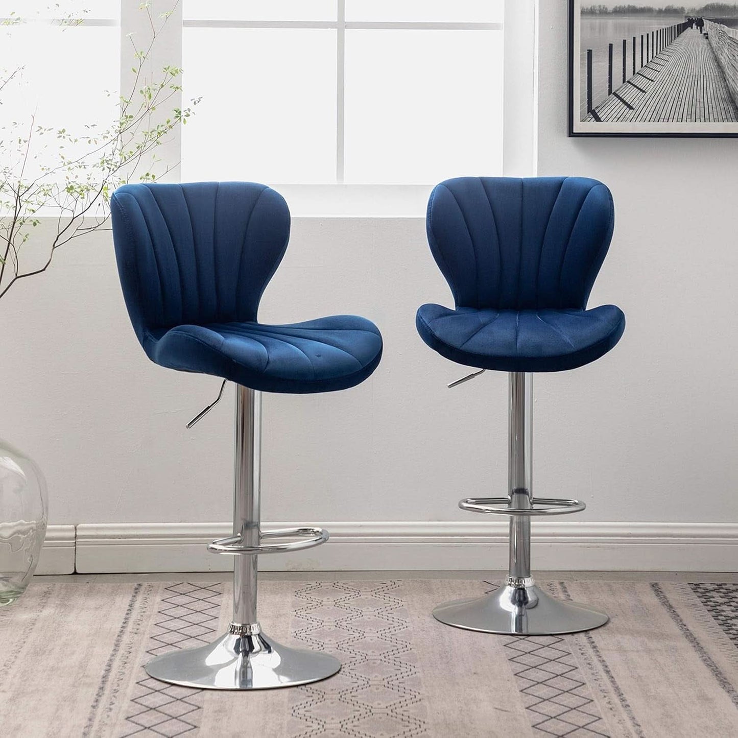 Blue Velvet Adjustable Swivel Bar Stools Set of 2 Modern