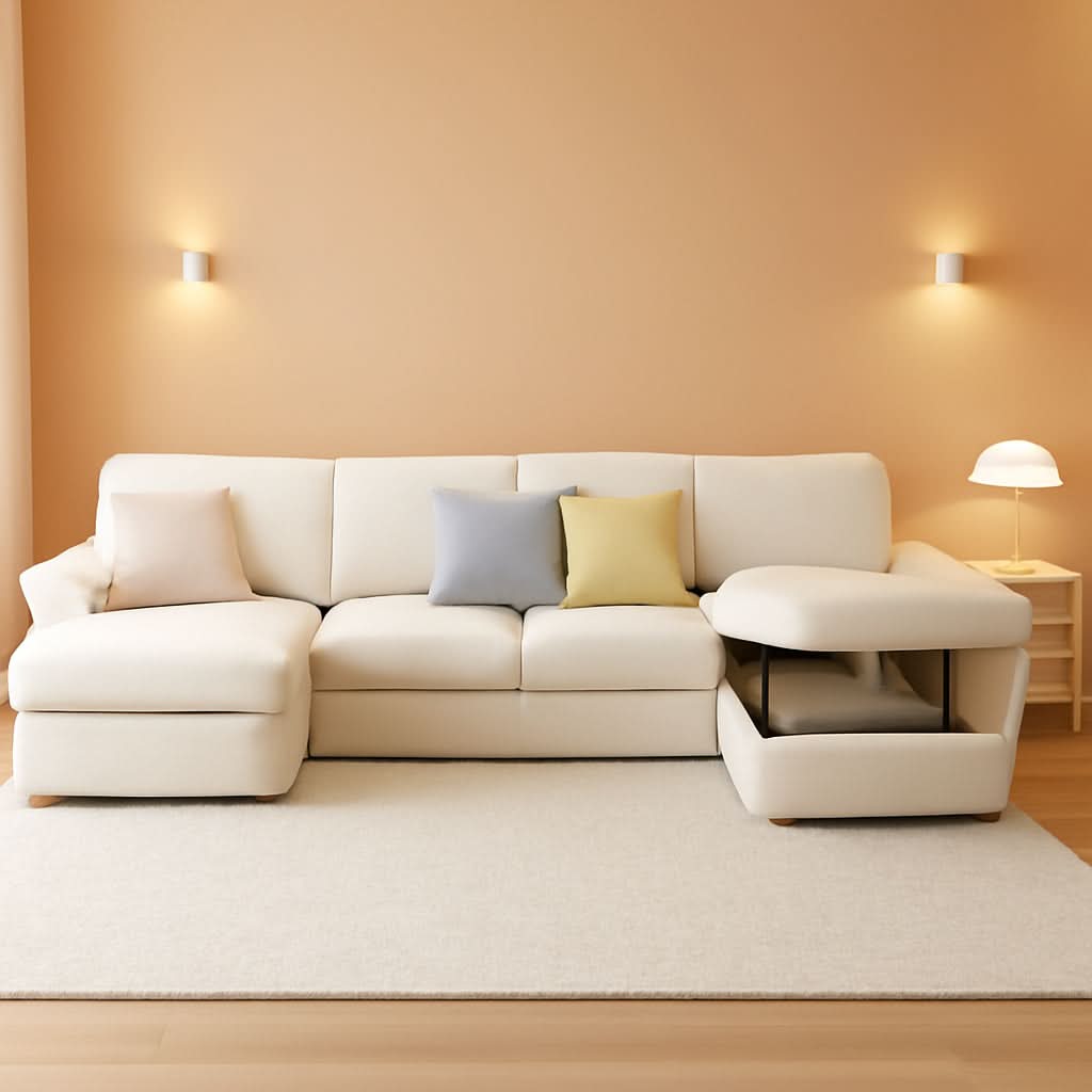 130 Inch Beige Corduroy Sectional Sofa Bed Storage Compartment
