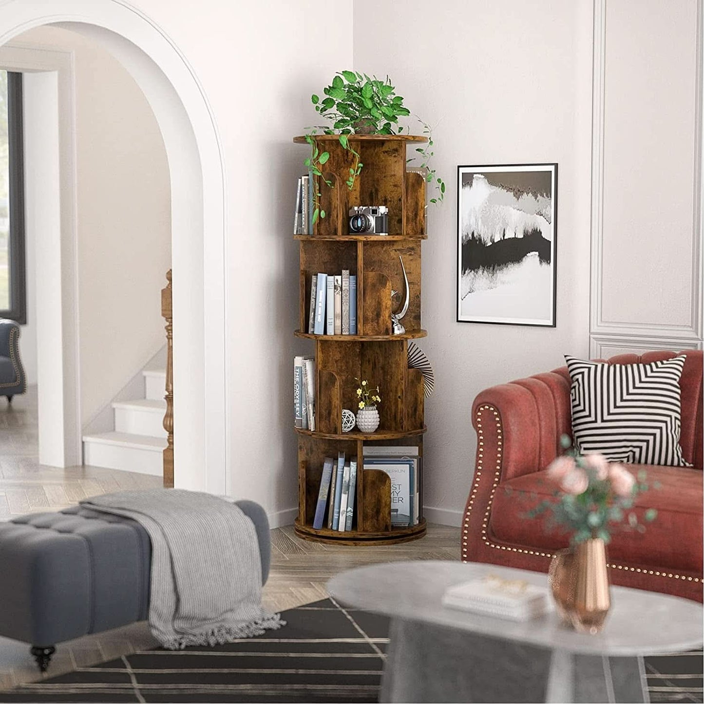 Rotating Corner Bookshelf 360 Degree 4 Tier Space Saving