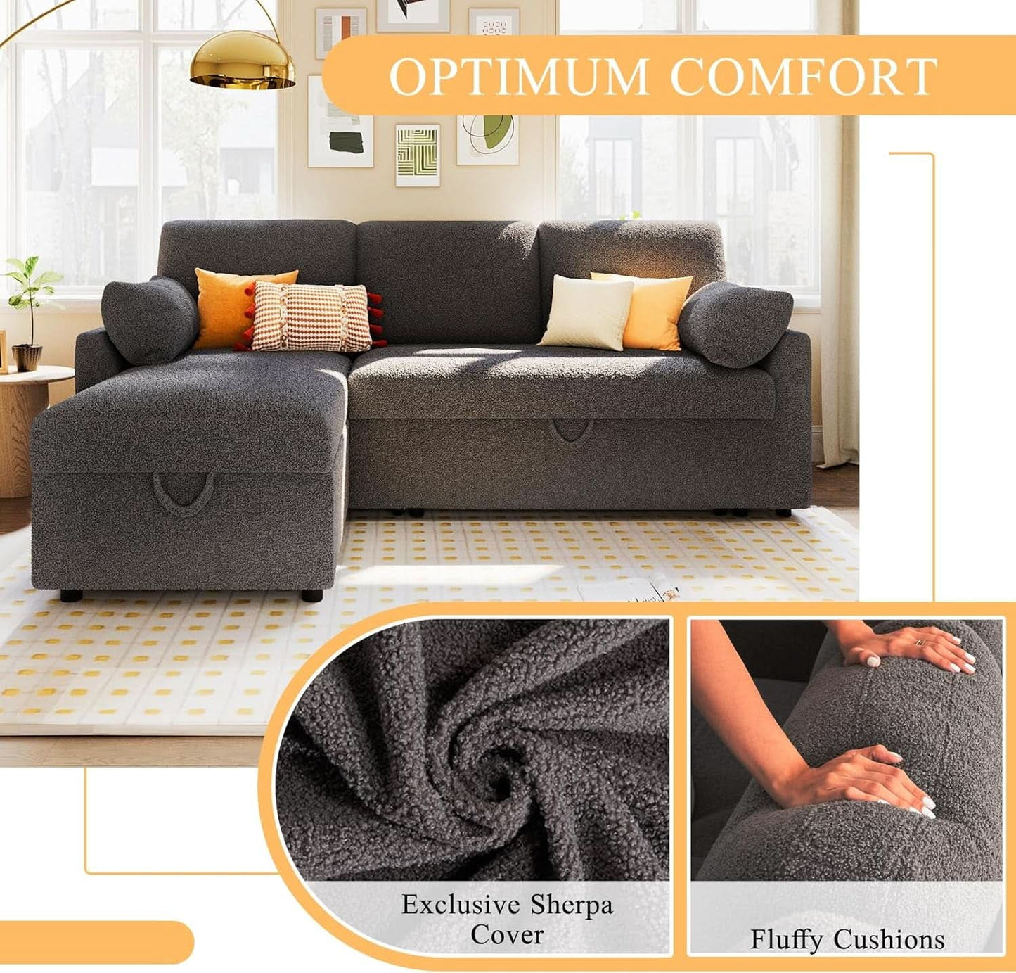 Grey Boucle Upholstered Convertible Sofa Bed Storage