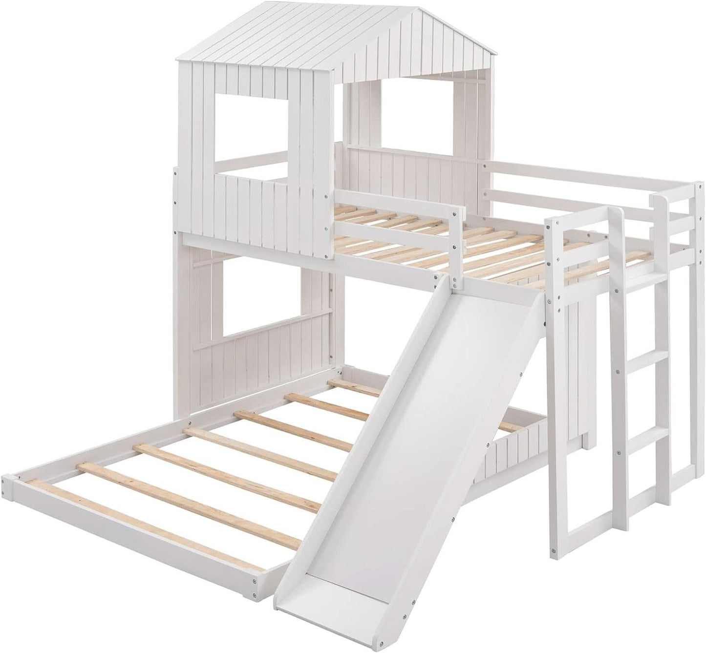 Twin Over Full Bunk Bed With Slide With Guardrails White