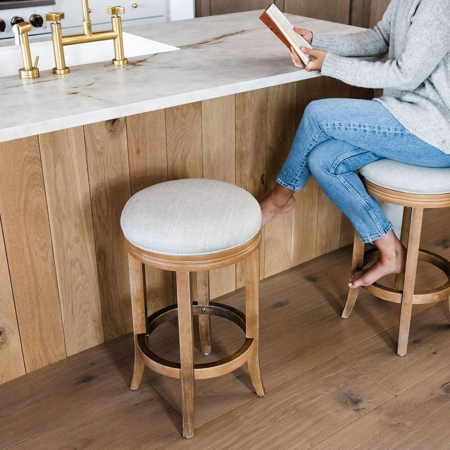 Eva 31 Inch Bar Height Backless Swivel Bar Stool Weathered Oak Sand Fabric
