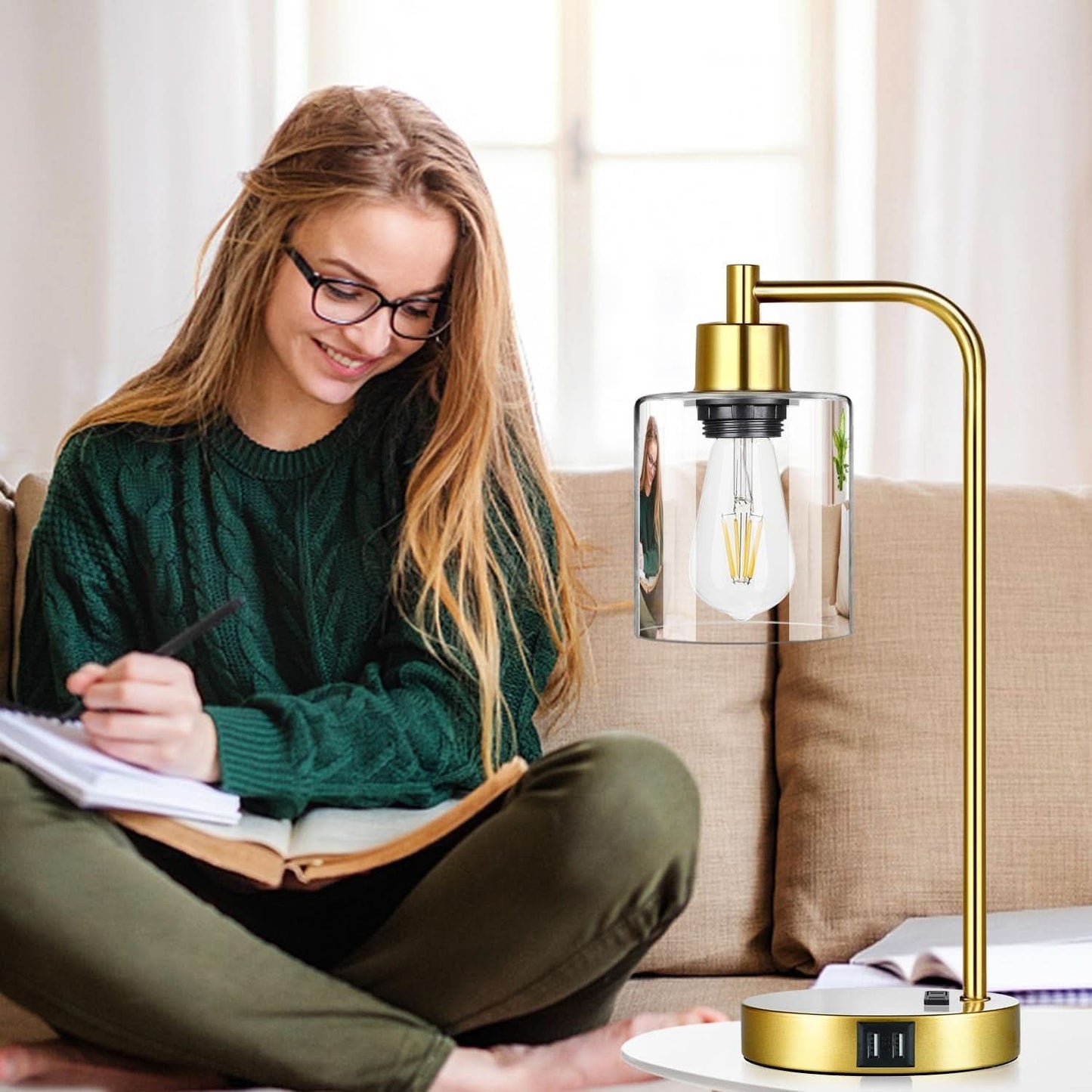 Gold Industrial Touch Table Lamps 2 Pack With USB Ports