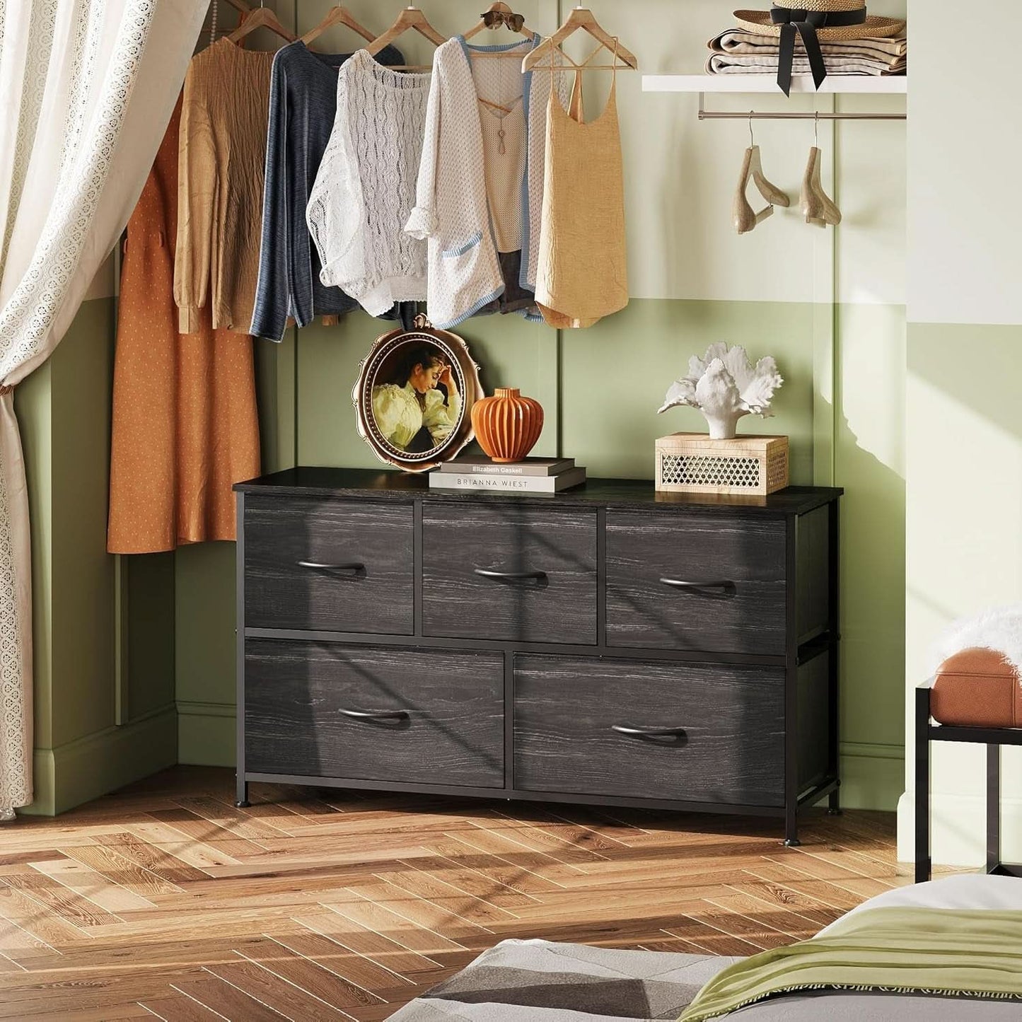 Charcoal Black Wood Grain Dresser With 5 Drawers And Fabric Bins