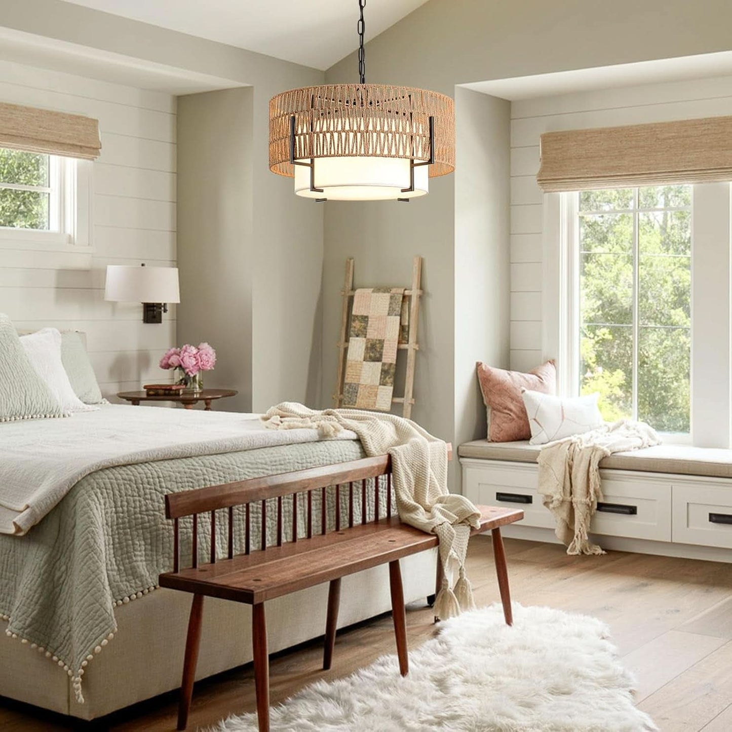 Boho Rattan Chandelier Pendant Light Natural Finish