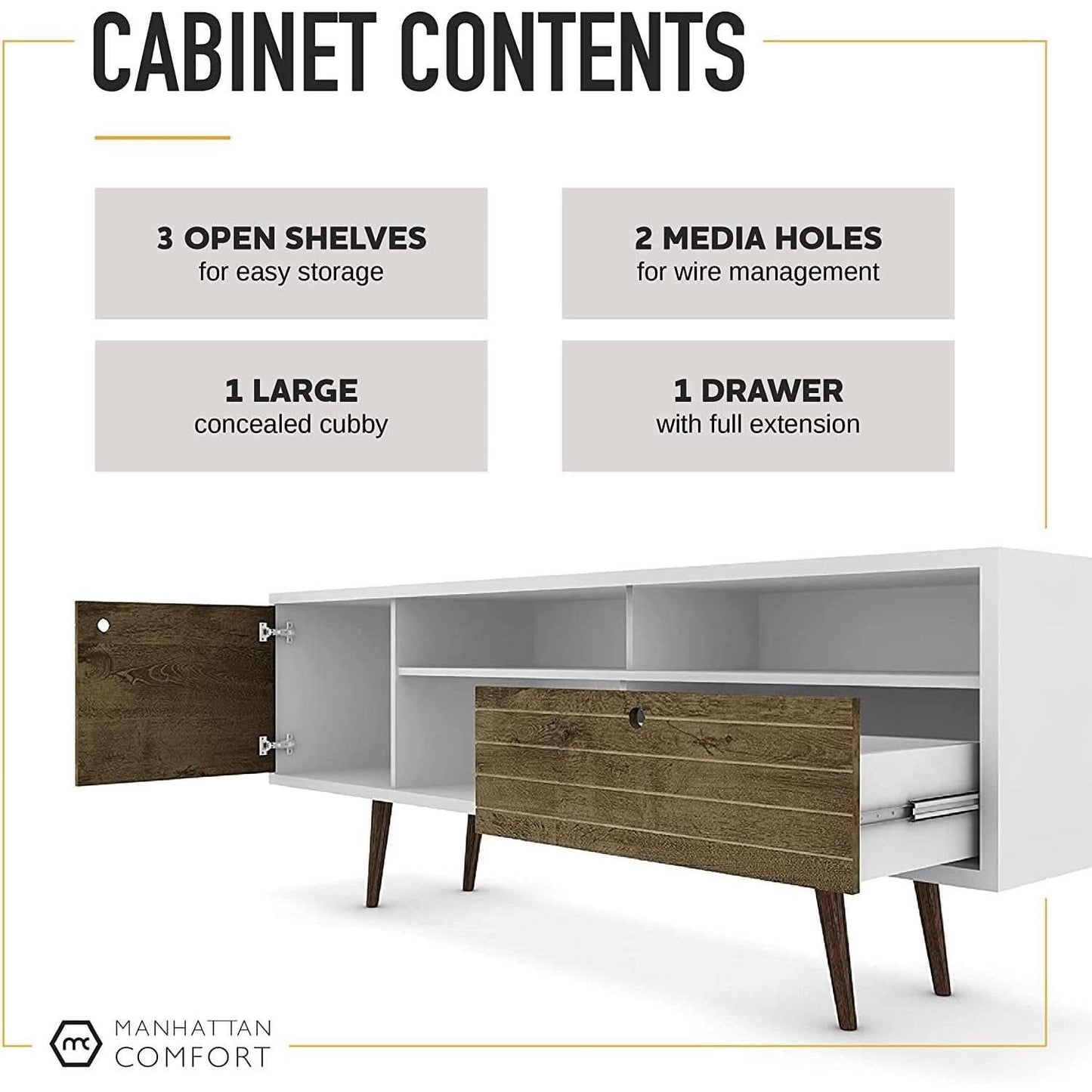 Mid Century TV Stand Solid Wood With Shelves And Cabinet