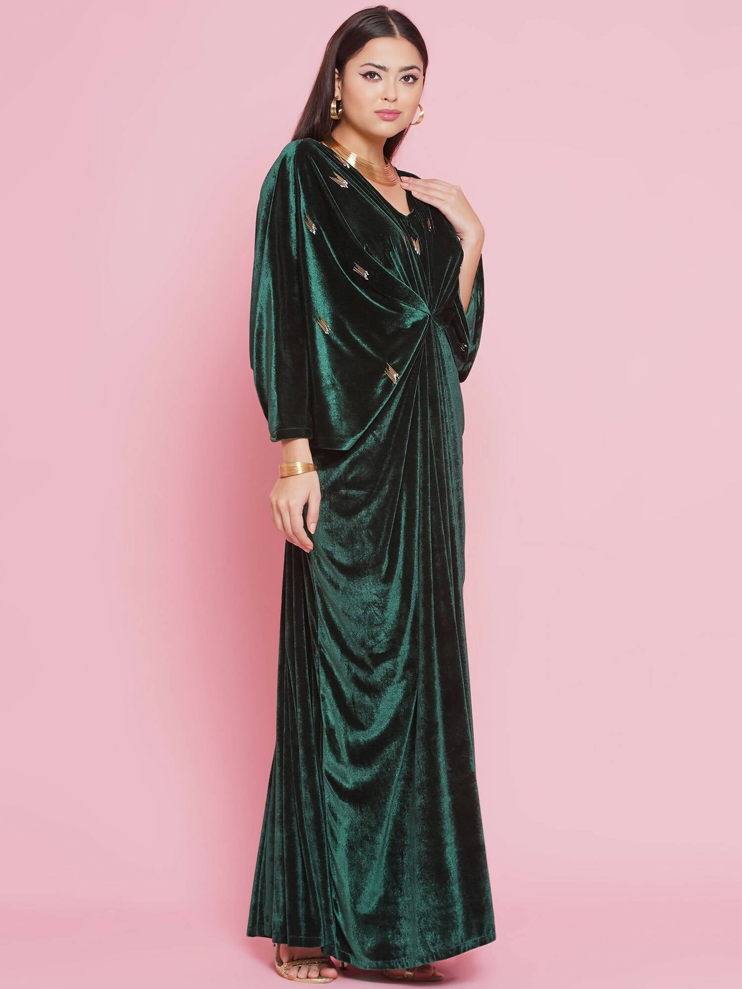 Women Republic Green Velvet Hand Embellished Gown