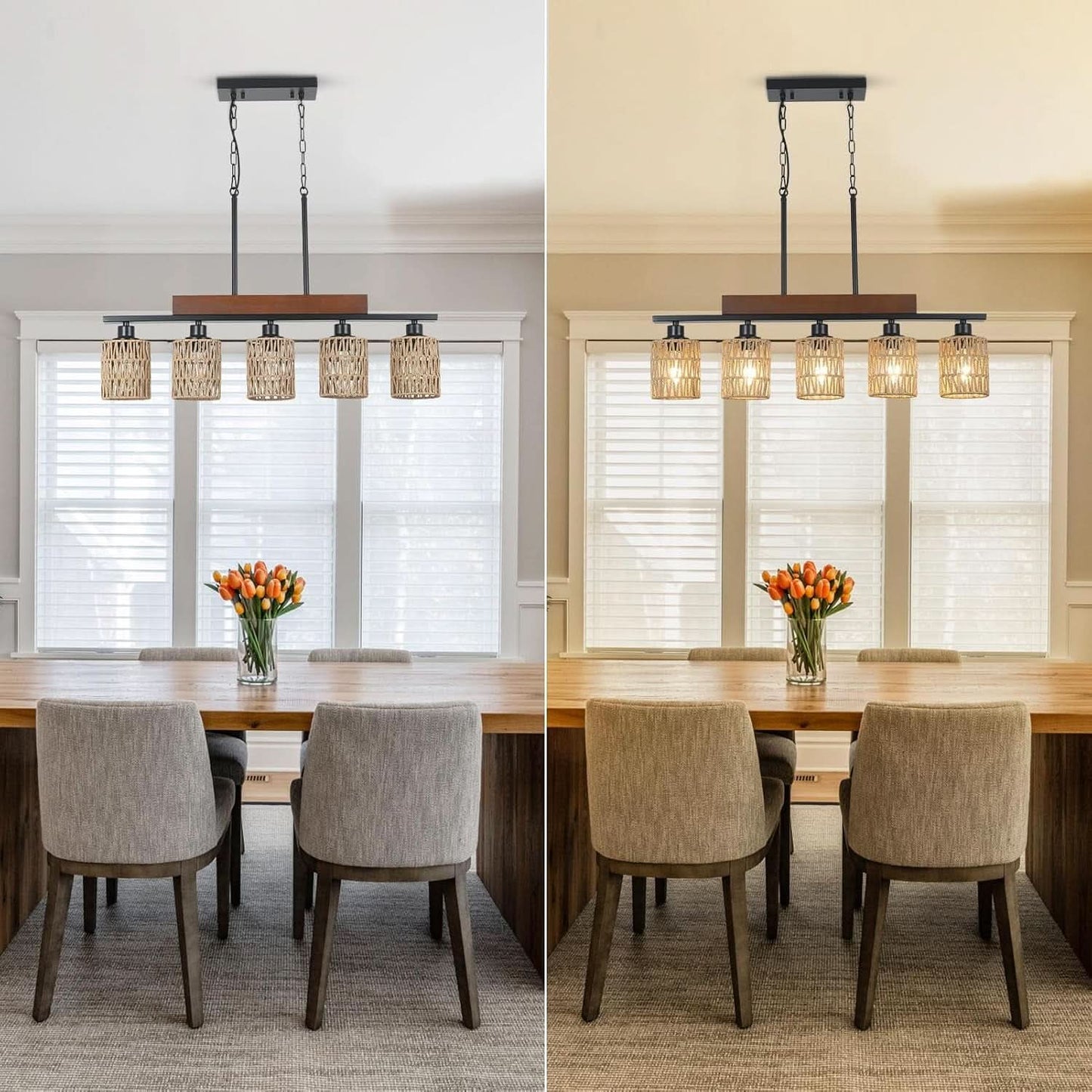 Rattan Farmhouse 5 Light Linear Chandelier Black Lighting