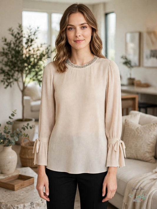 Alfani Women's Textured-Stripes Embellished-Neck Top