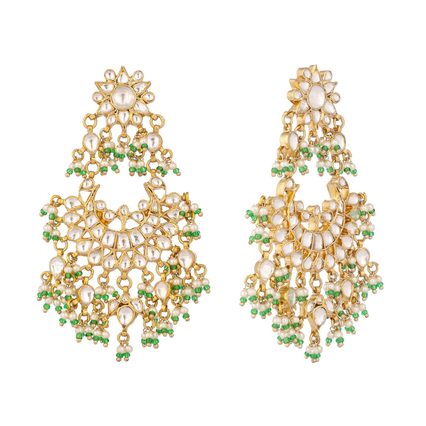 Nuyug 22K Gold-Plated Kundan & Pearl Studded Crescent Shaped Green Beads Chandbalis