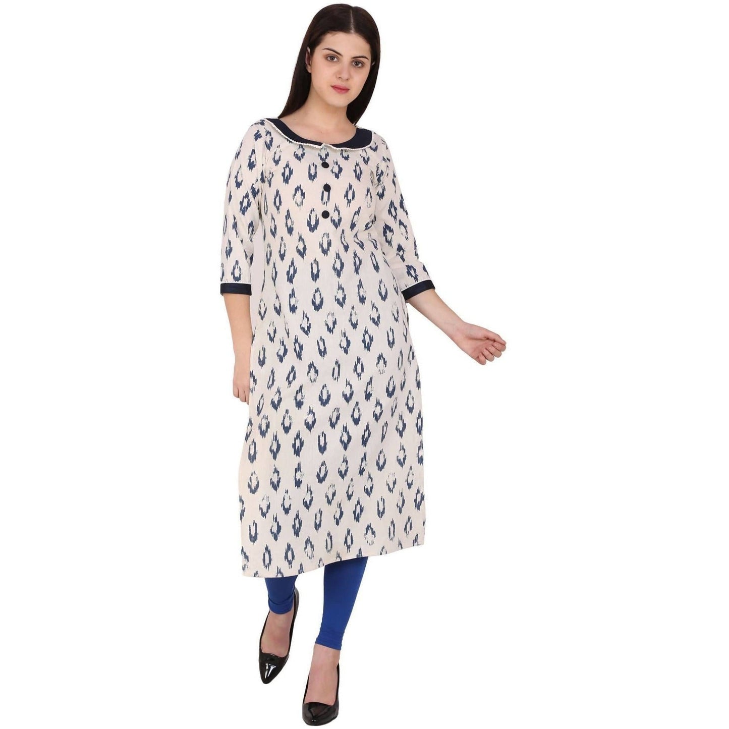 Kanoor Women's White and Blue Cotton Straight Kurti