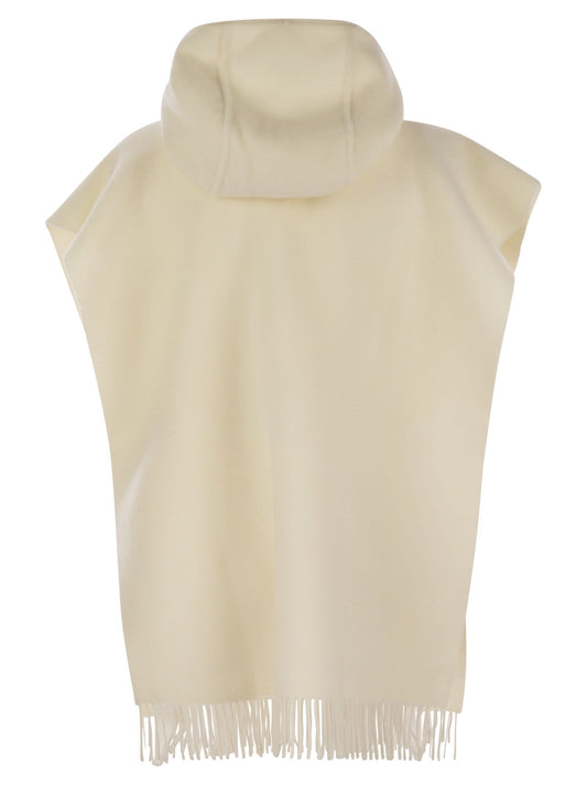 Brunello Cucinelli Women Double Knit Wool And Cashmere Poncho With Hood And Fringes