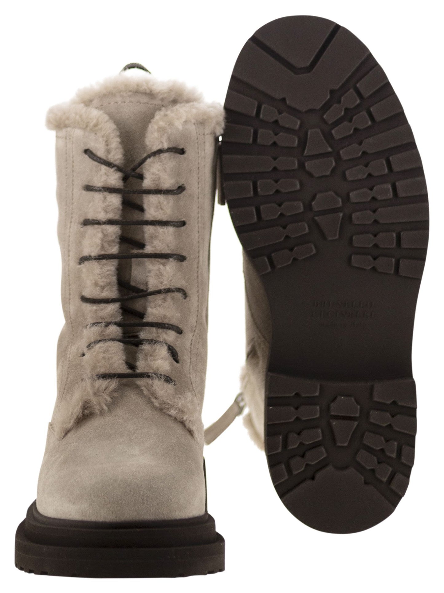 Brunello Cucinelli Women Suede Boot With Shearling Lining And Shiny Loop Detail