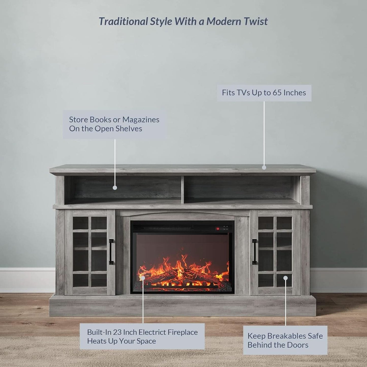 58 Inch Rustic TV Stand With Electric Fireplace And Storage