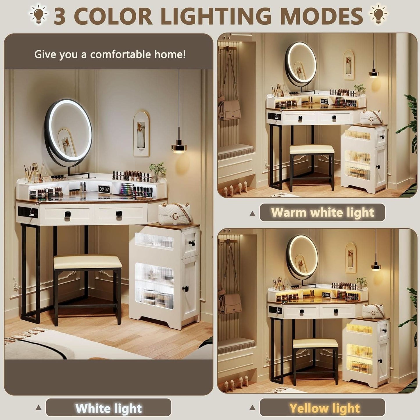 White Corner Vanity Mirror With Built In Charging Station