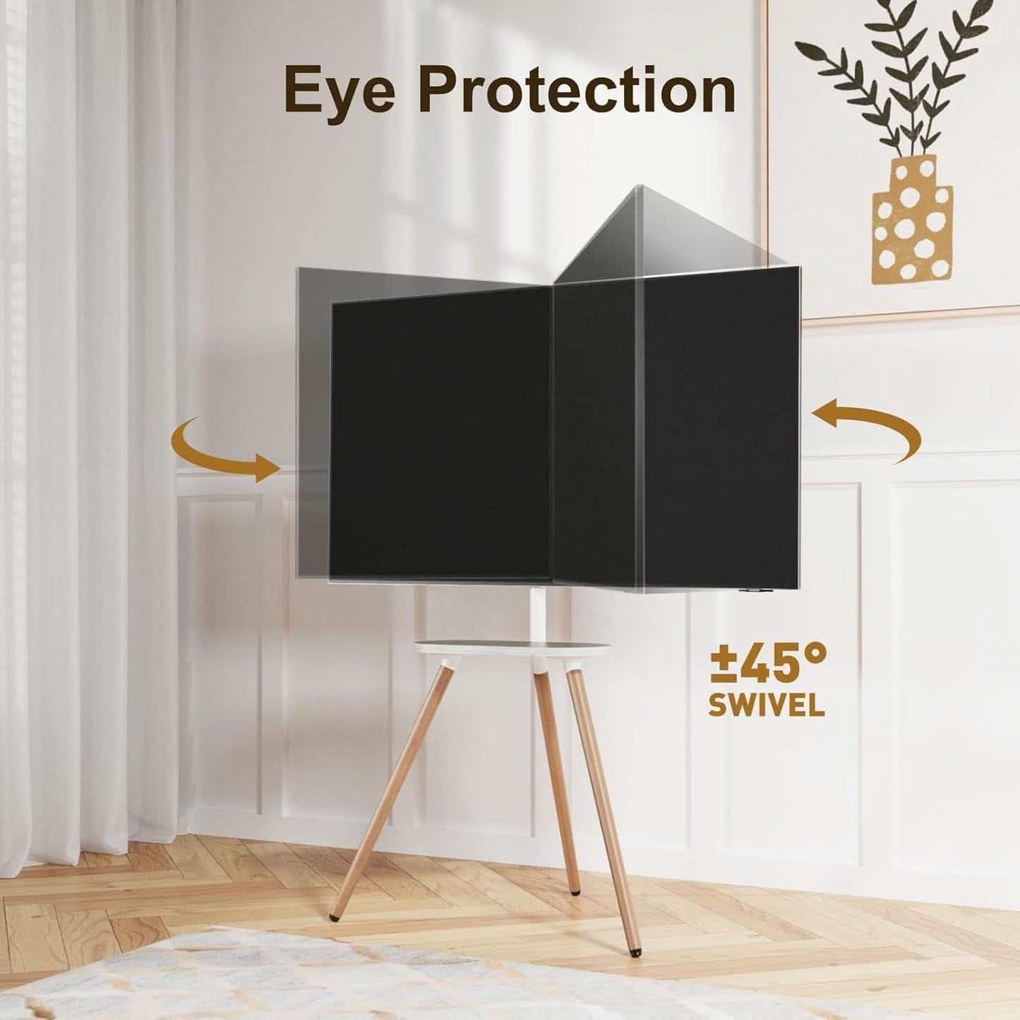 Tripod TV Stand 40-65 Inch White Swivel Wooden Tray