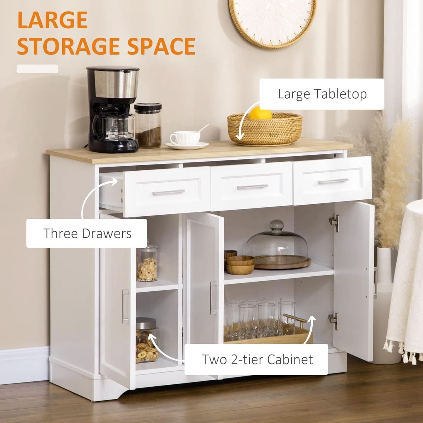 Sideboard Buffet Cabinet With 3 Storage Drawers And Adjustable Shelf