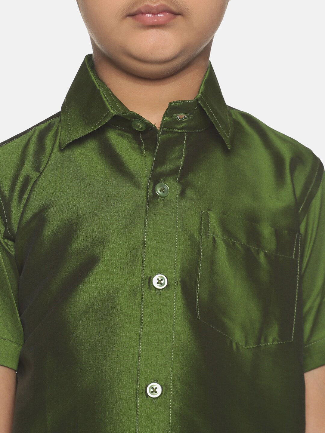 Sethukrishna Boys Green Shirt & Cream-Coloured & Zari Border Veshti Set