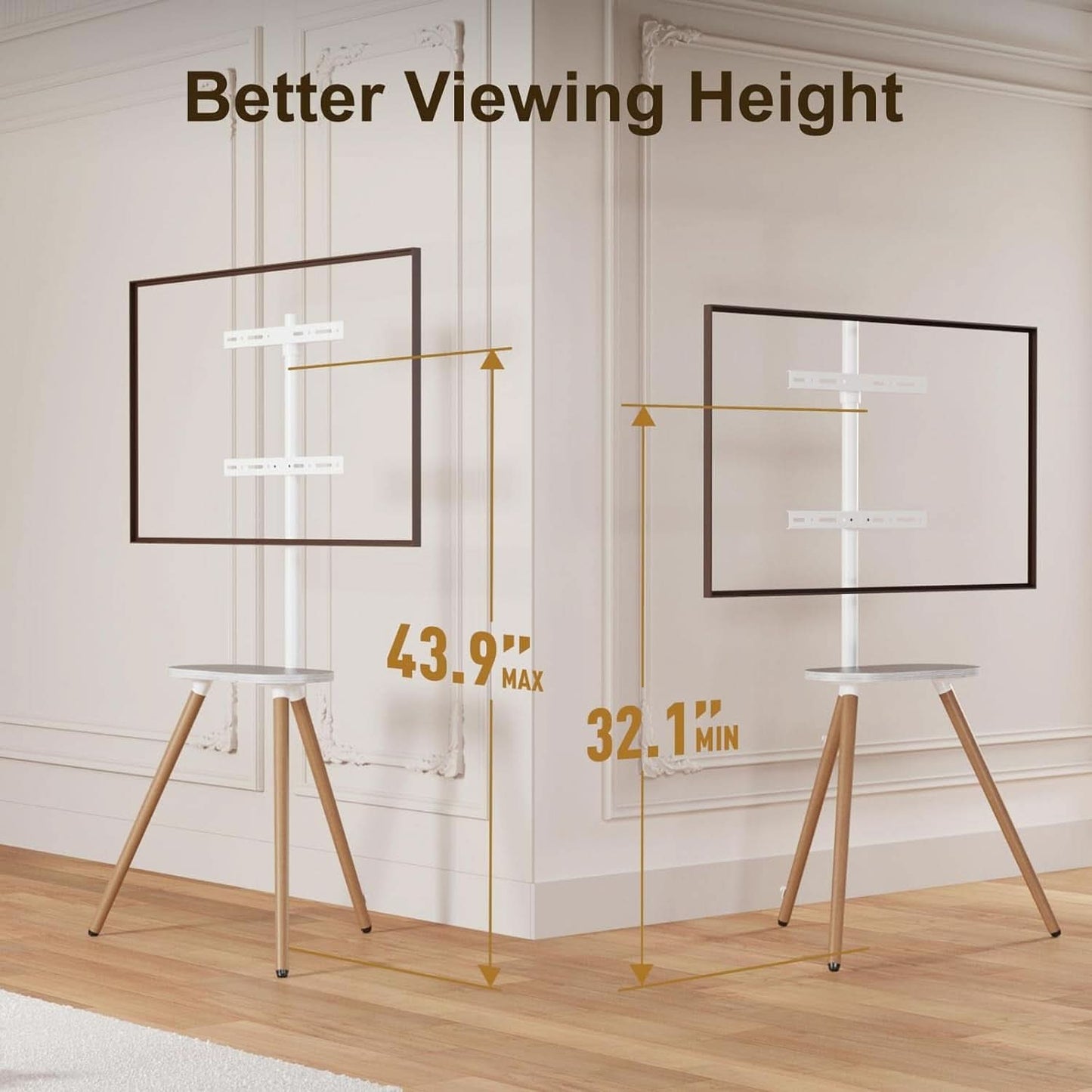 Tripod TV Stand 40-65 Inch White Swivel Wooden Tray