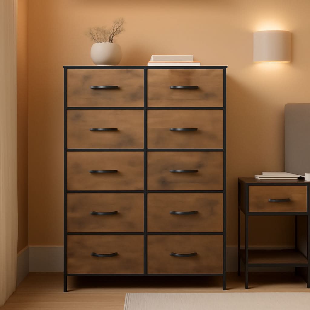 Tall Dresser With 10 Fabric Drawers Brown Woodgrain