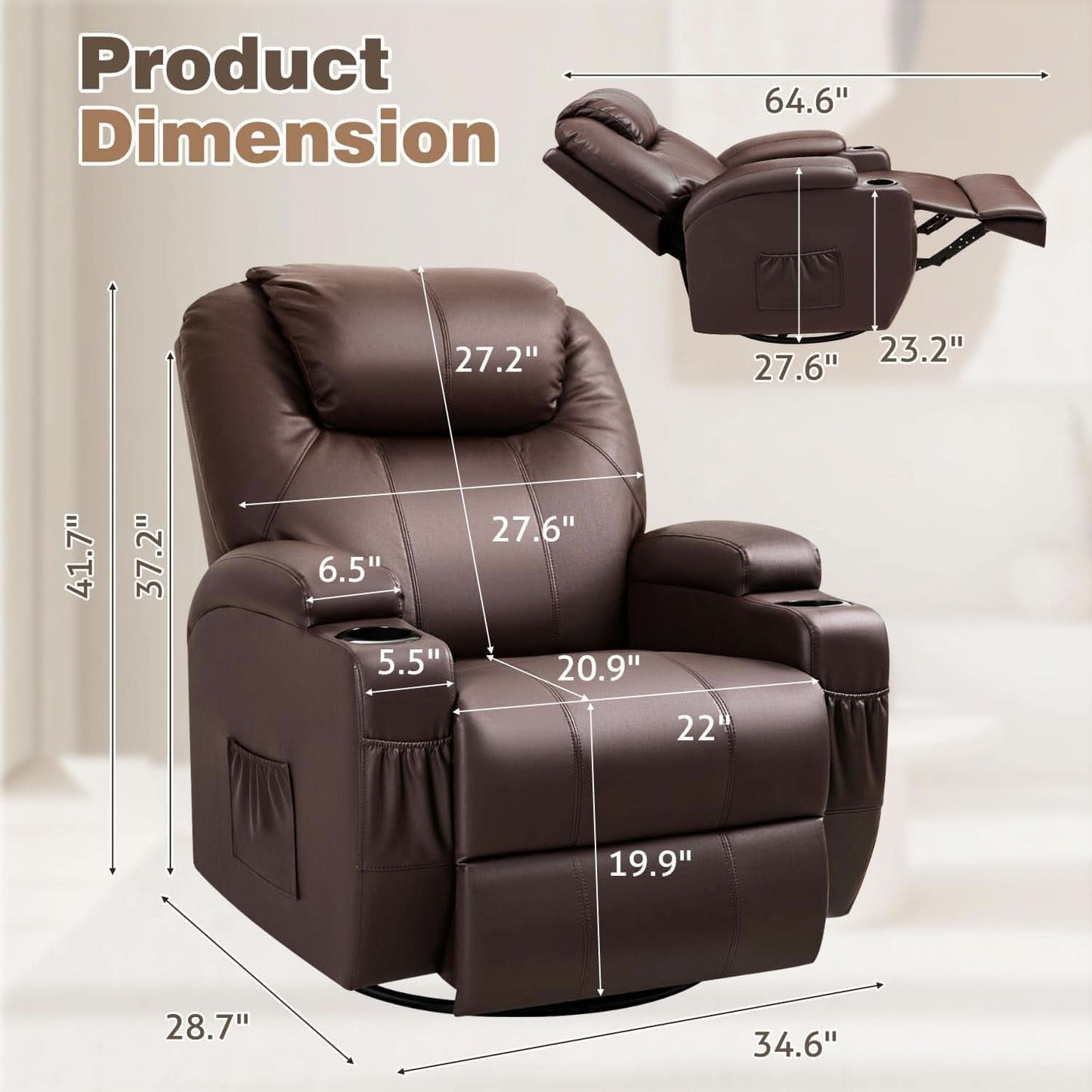 Dark Brown 360 Degree Swivel Recliner Chair With Massage