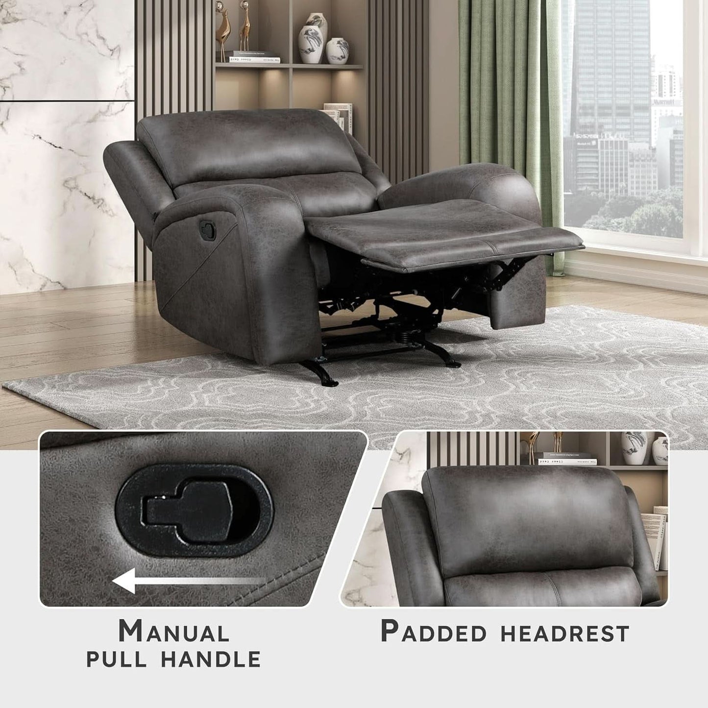 Grey Rocker Recliner Chair With Manual Recline Living Room