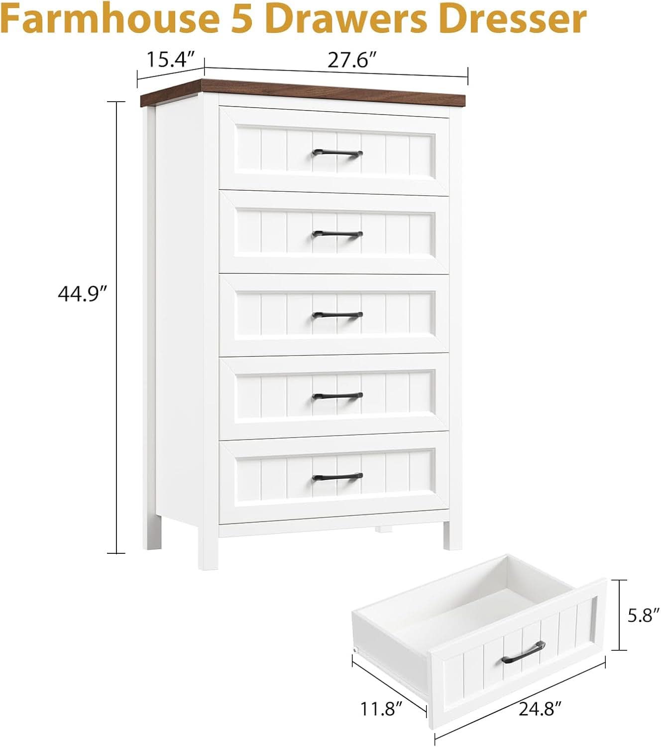 Five Drawer Dresser 44.9 Inch Tall PowderCoatWhite