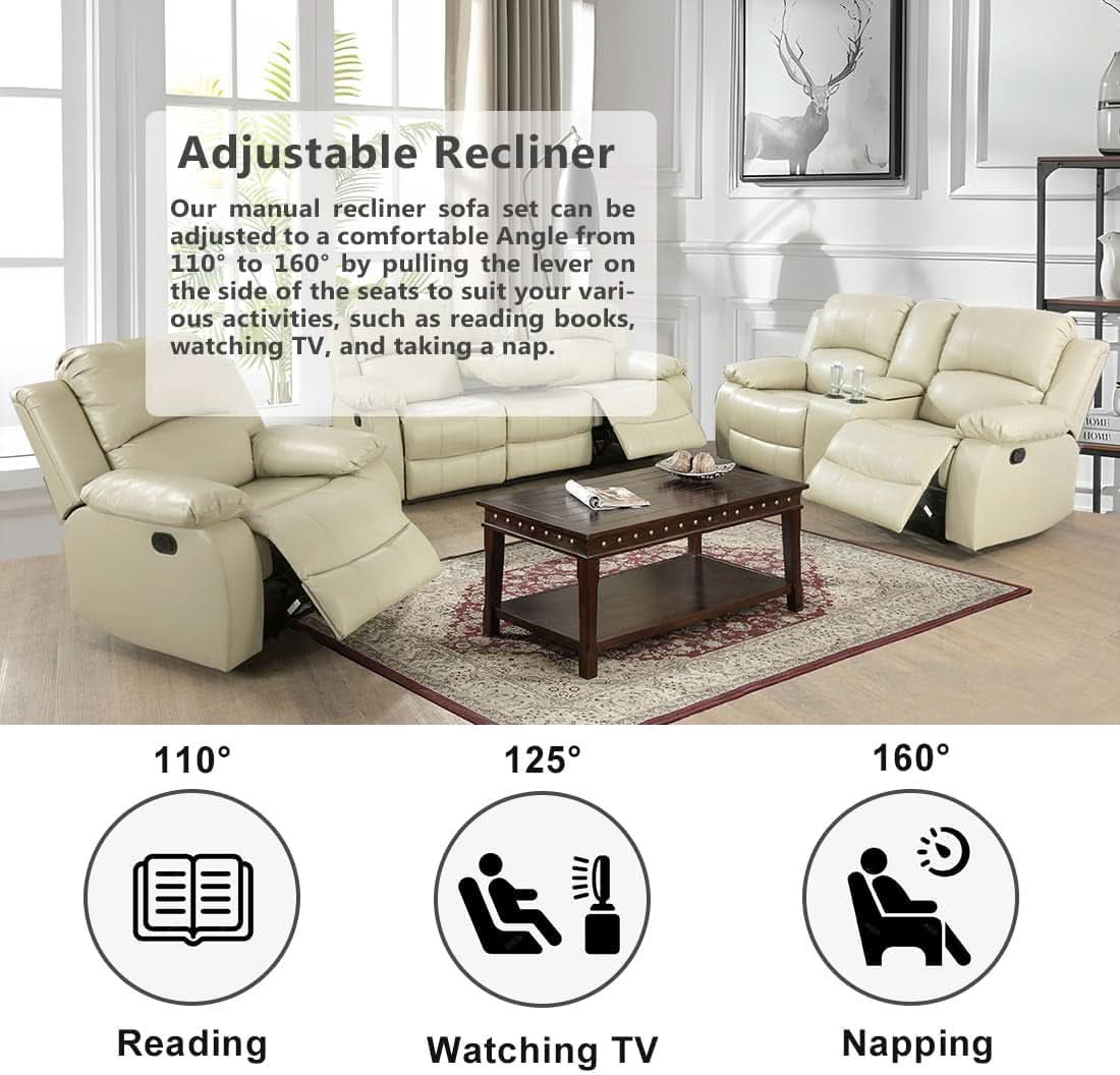 Beige 3 Seater Manual Reclining Sofa With Cup Holders