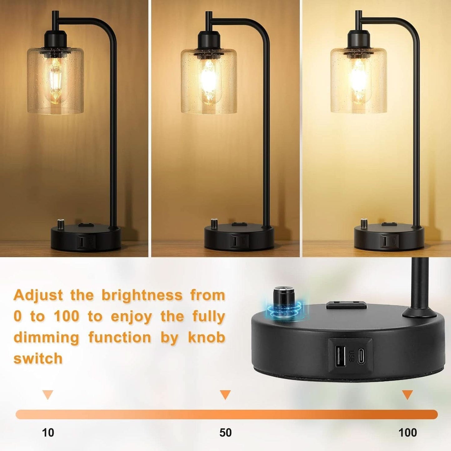 Industrial Table Lamps 2 Pack Black Dimmable USB Ports