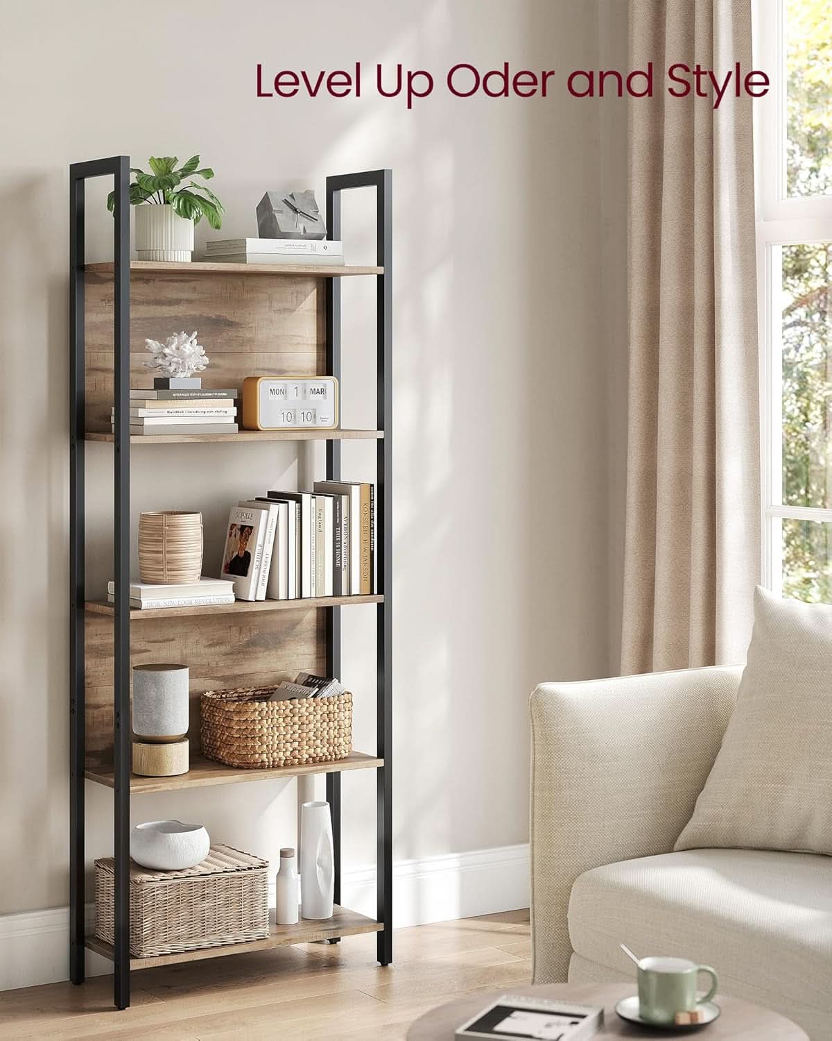 Five Tier Bookshelf With Steel Frame Camel Brown And Black