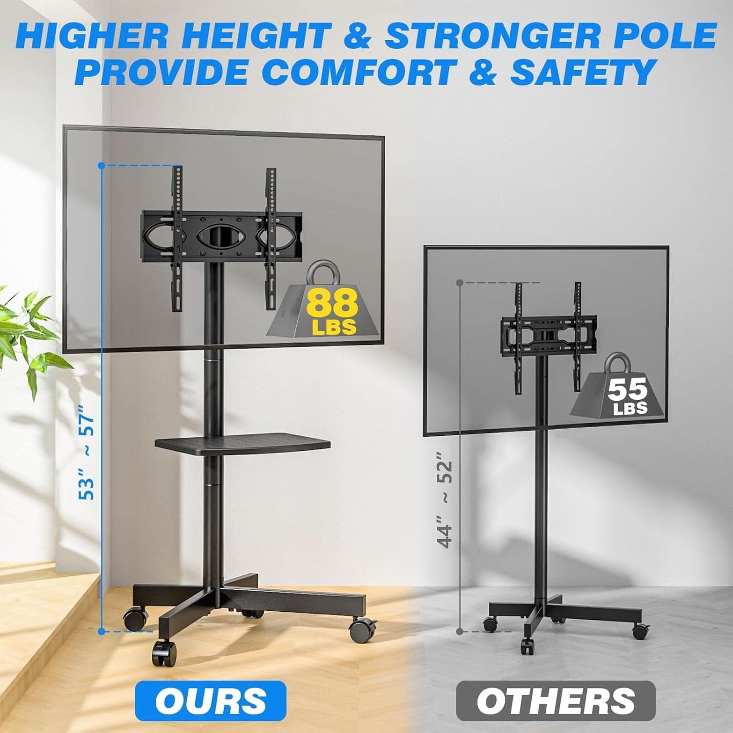 Mobile TV Stand Adjustable Height For 23 To 60 Inch TVs