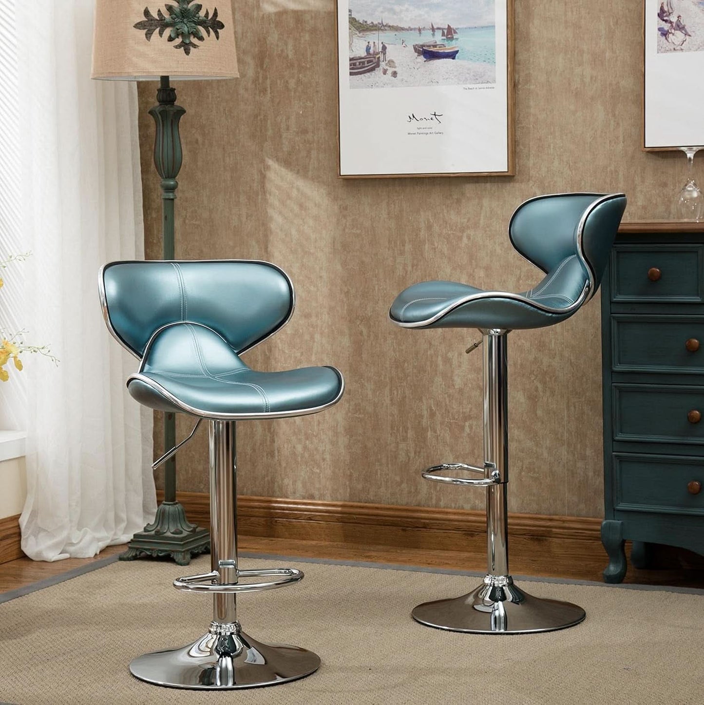 Blue Cushioned Leatherette Barstools Set Of 2 With Airlift Height And Swivel