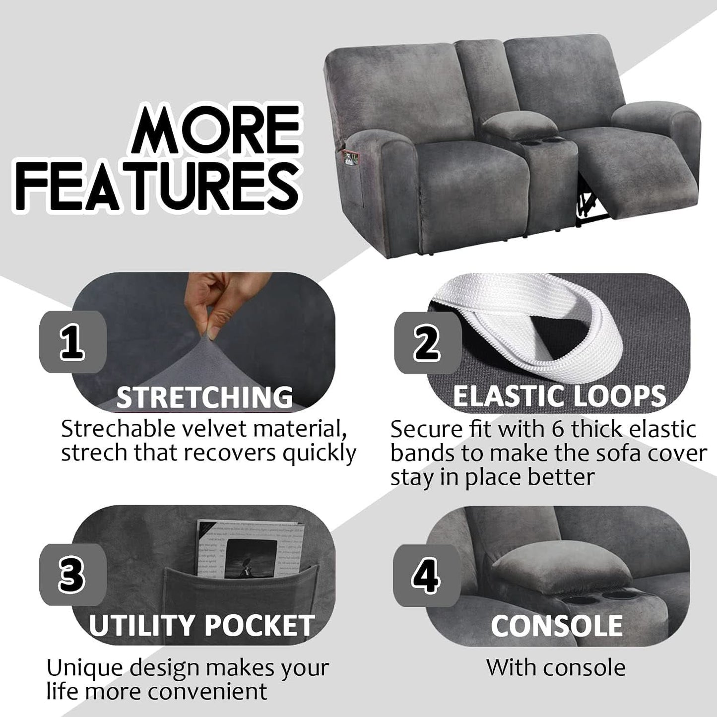 Dark Grey Velvet 8 Piece Reclining Loveseat Slipcover