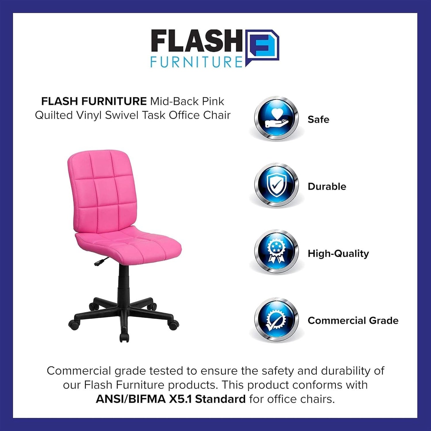 Clayton Pink Quilted Vinyl Mid-Back Swivel Office Chair