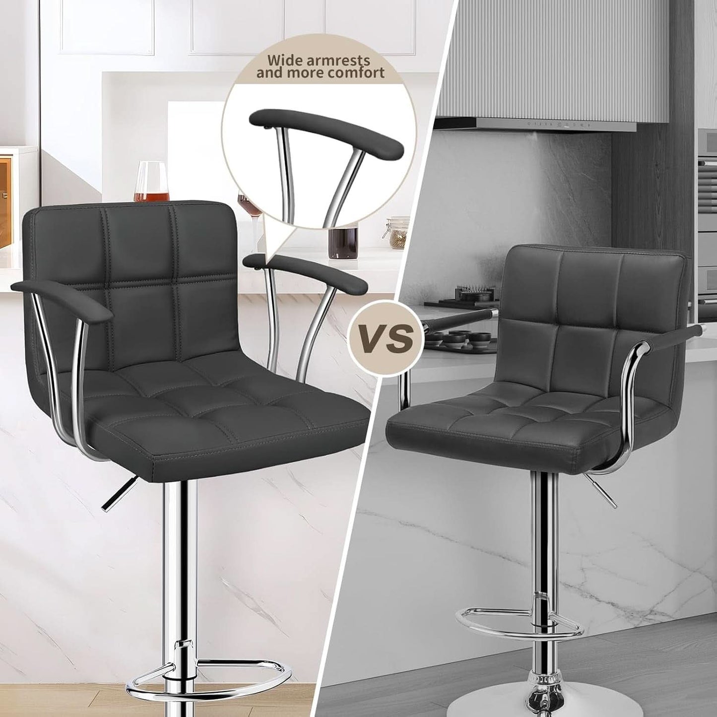 Two Adjustable Swivel Bar Stools With Back Grey PU Leather