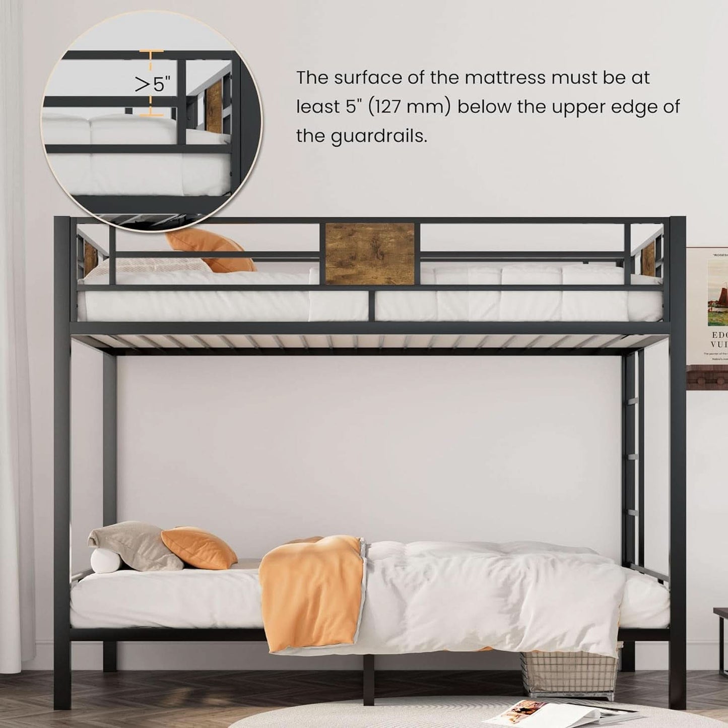 Loft Bunk Bed Twin Over Twin With Ladder And Guardrails