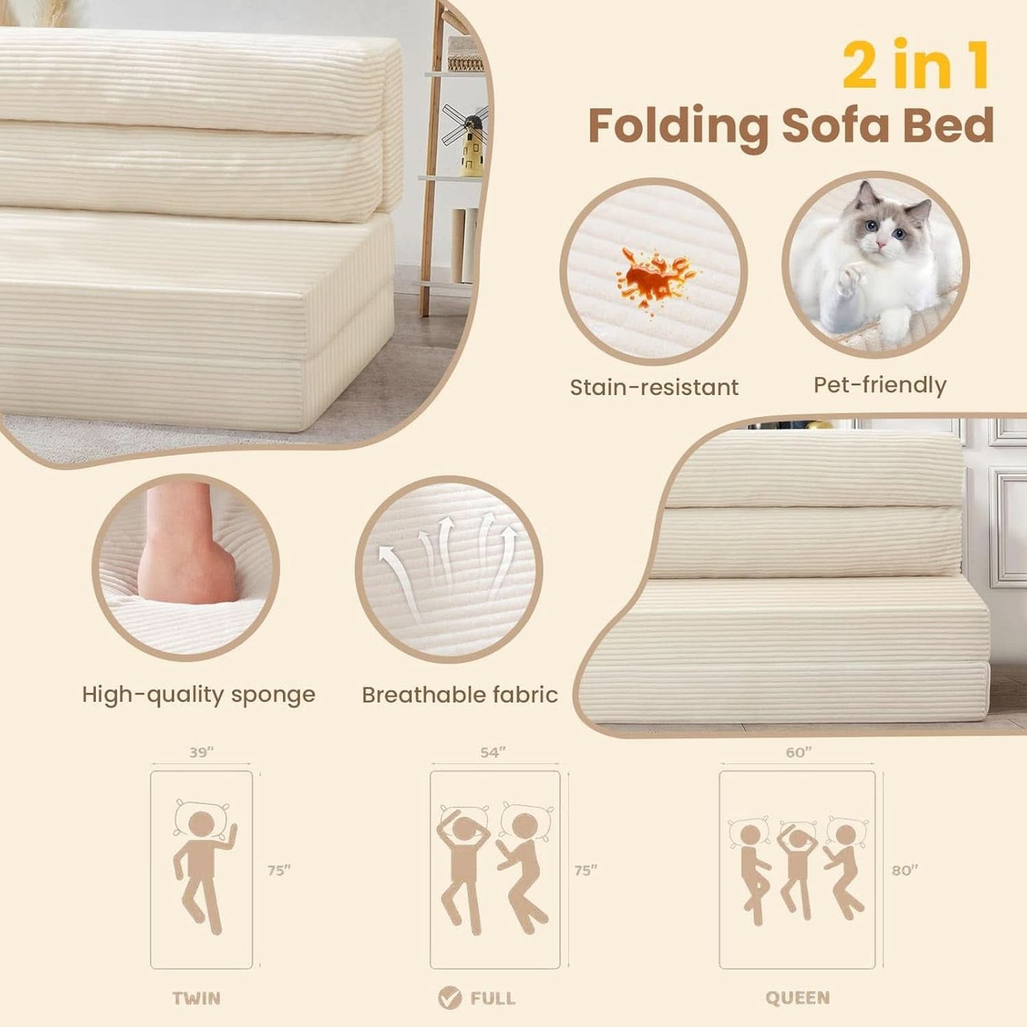 Corduroy Convertible Folding Sofa Bed With Mattress
