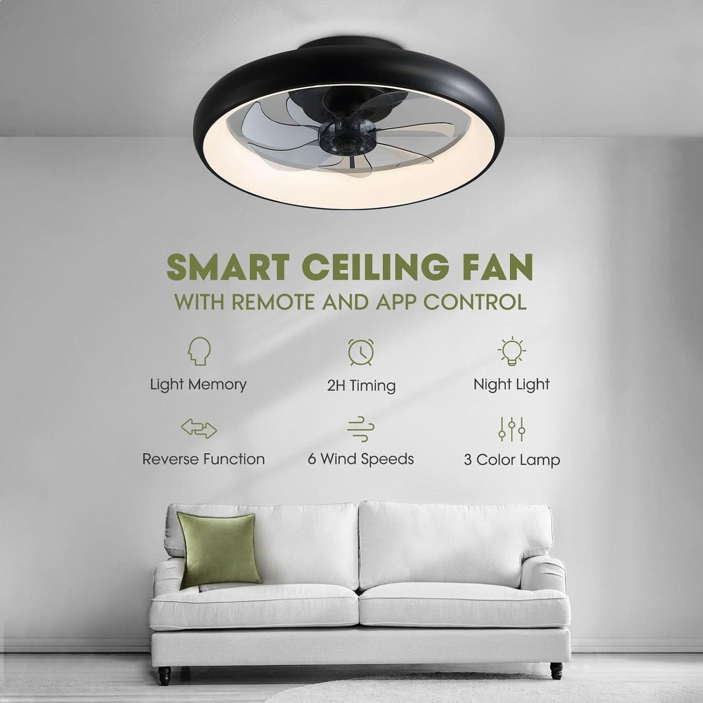 20 Inch Black Flush Mount Smart Ceiling Fan With LED Lights