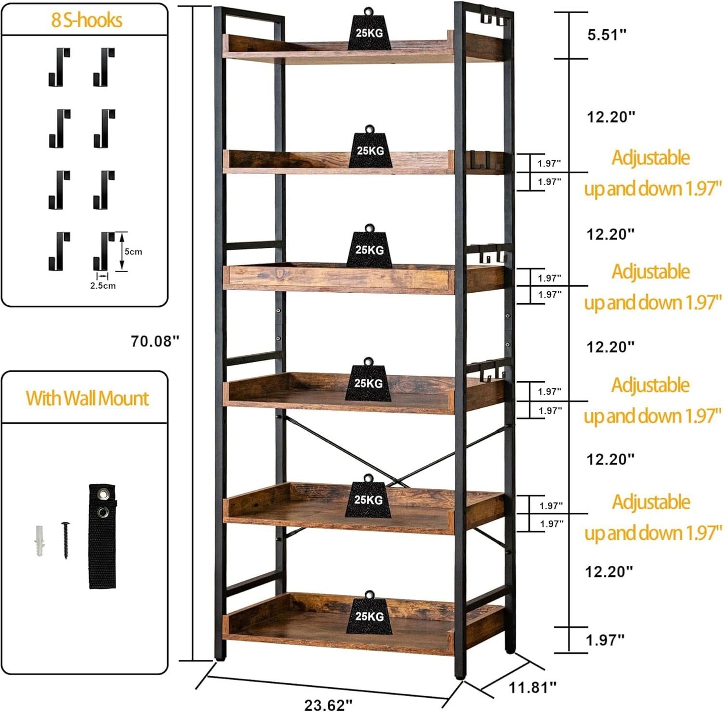 Adjustable Six Tier Industrial Wood Black Metal Bookcase