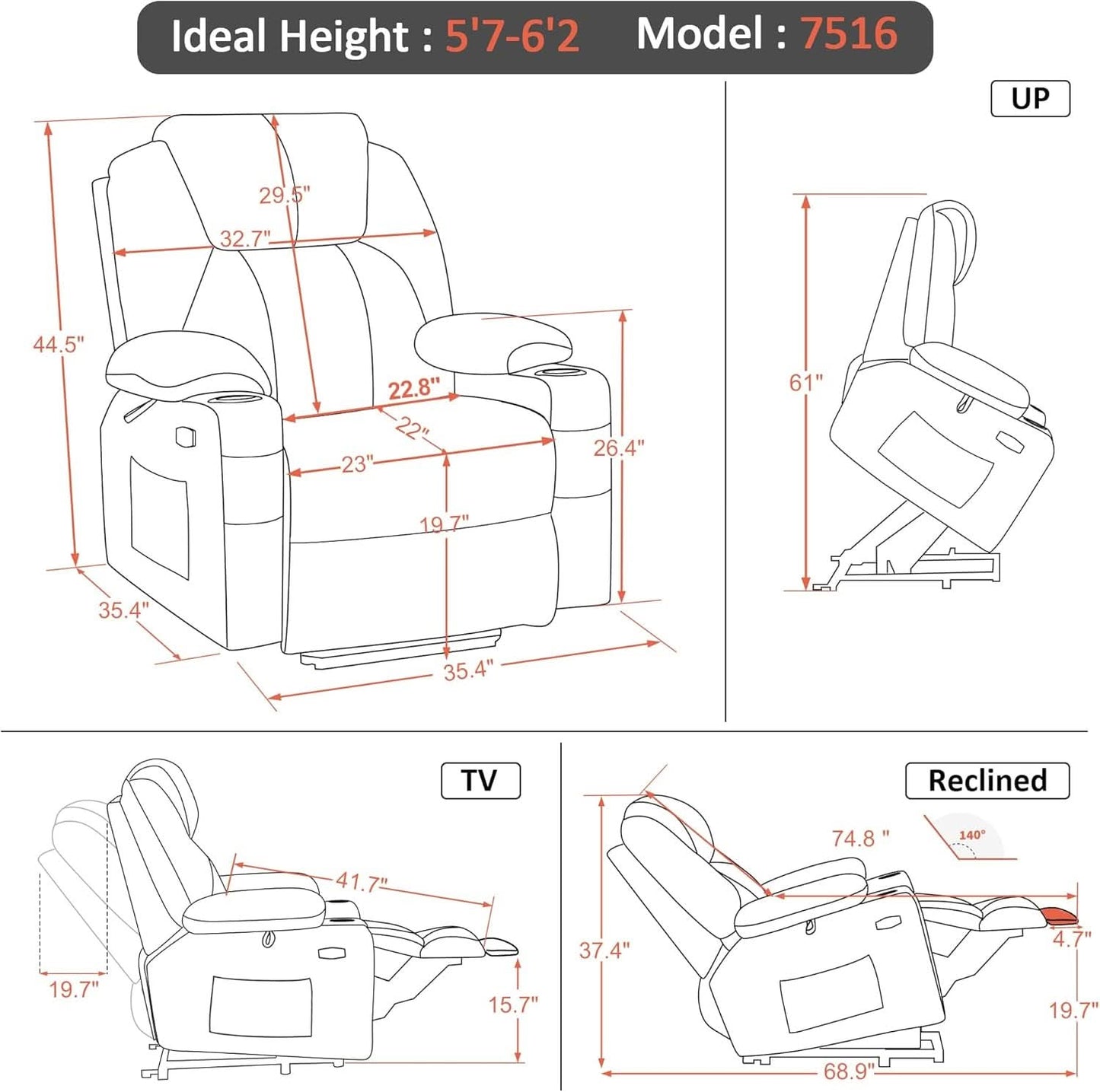 Large Power Lift Recliner Chair With Massage And USB Ports