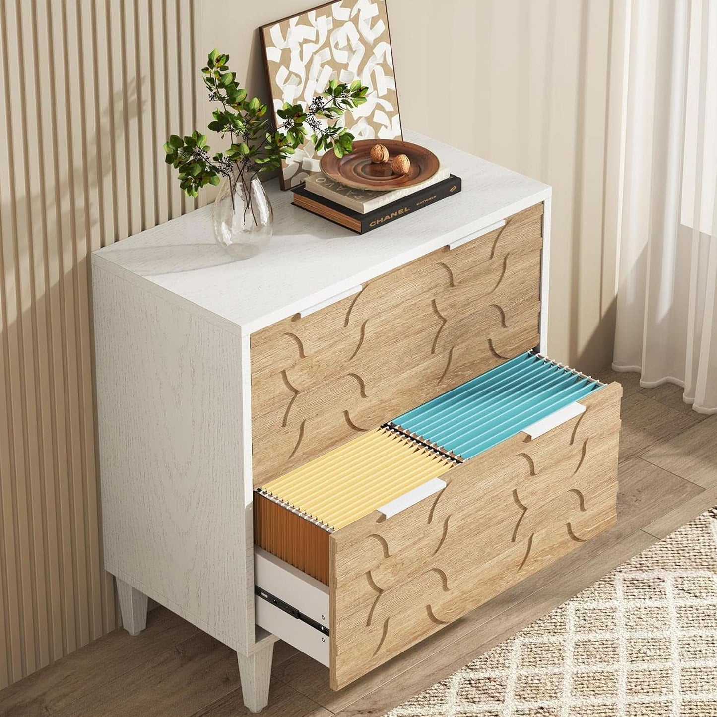 Two Drawer Lateral File Cabinet For A4 Letter And Legal Size Documents White And Walnut Printer Stand