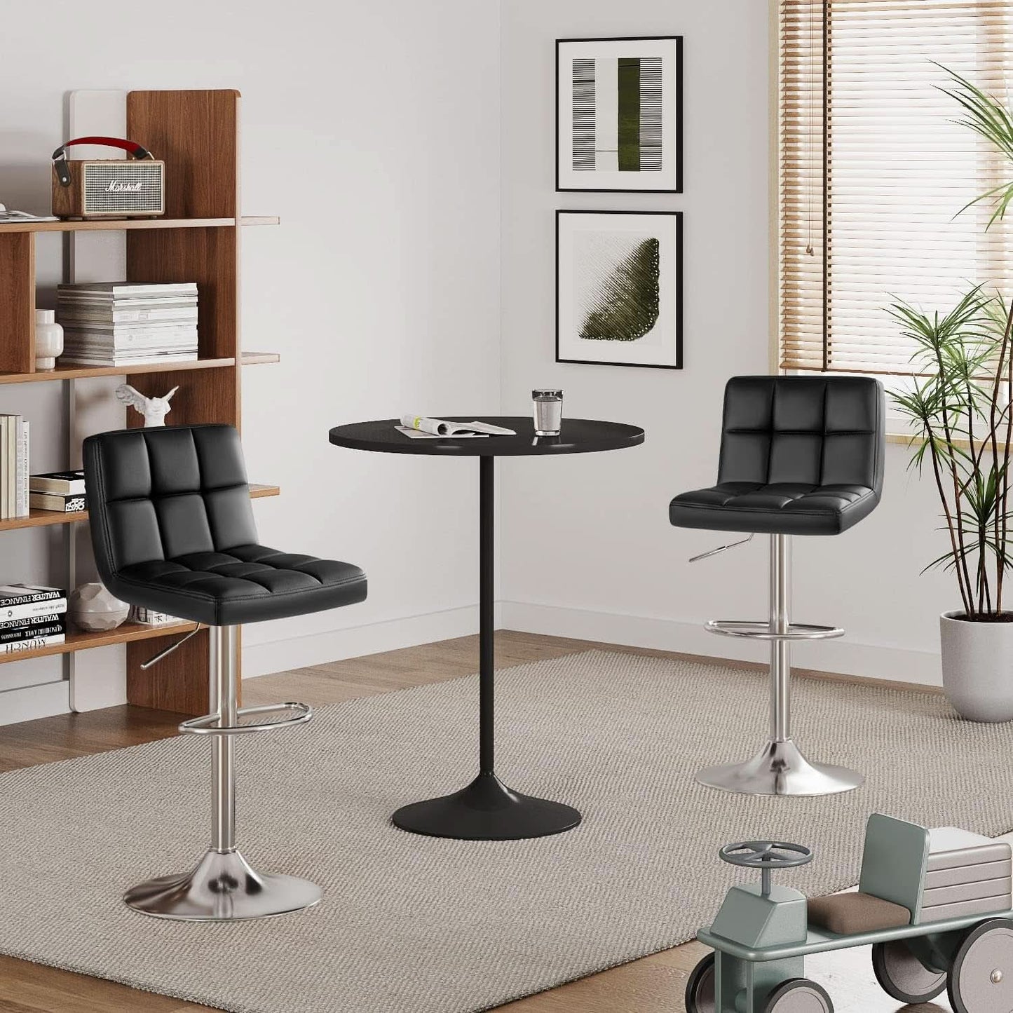 Bar Stools Set Of 2 Black PU Leather Swivel Adjustable Counter Height