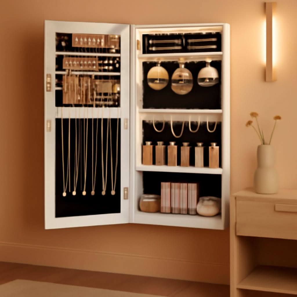 Mirror Jewelry Cabinet Armoire With LED Lights White