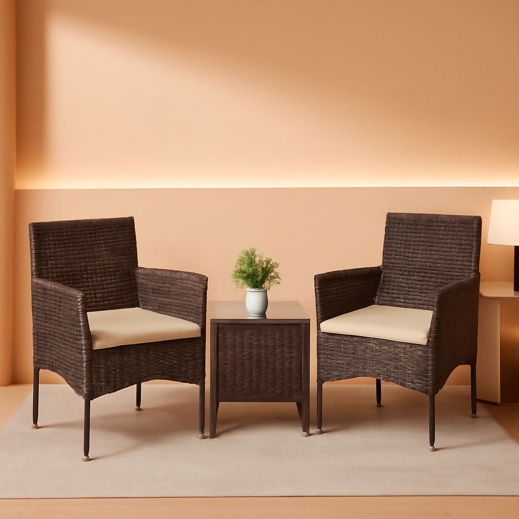 3 Piece Patio Dining PE Rattan Wicker Chair Set With Cushions And Glass Coffee Table Outdoor Brown Beige