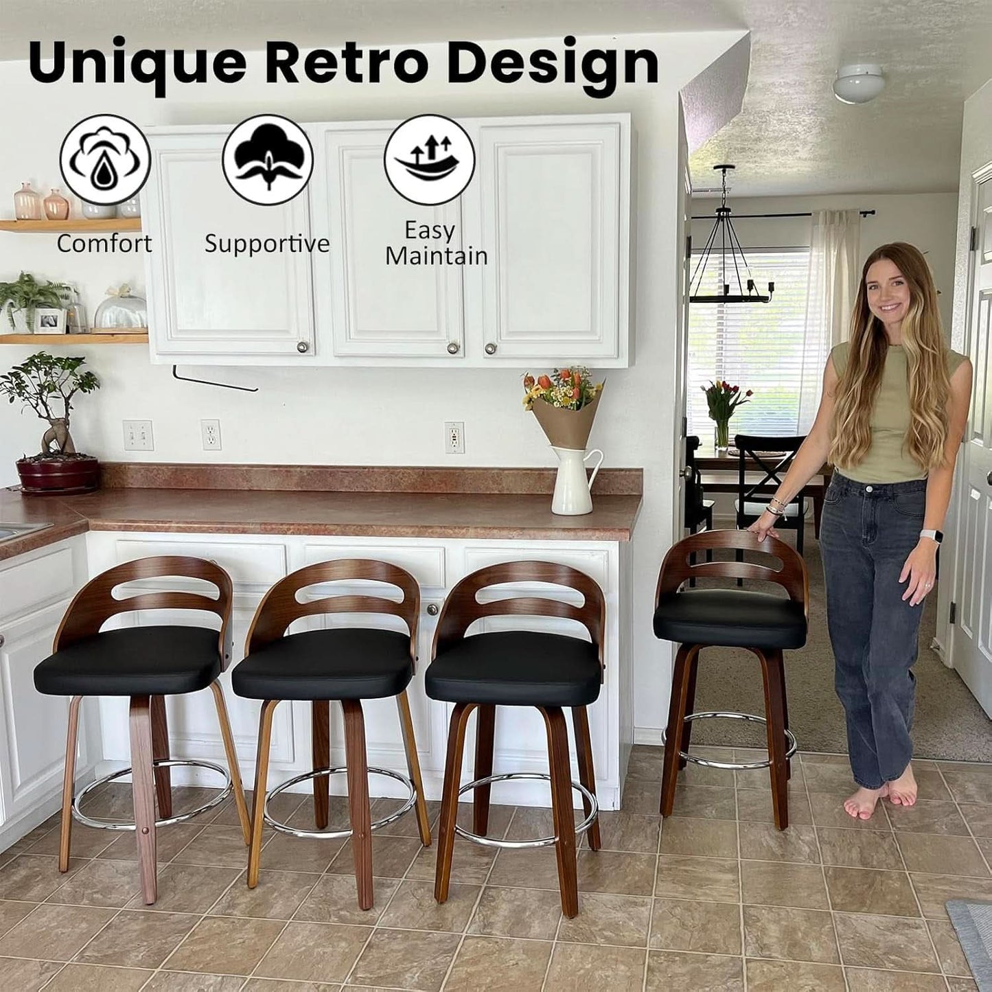 Bar Stools Set of 3 Swivel 30 Inch Beige Faux Leather