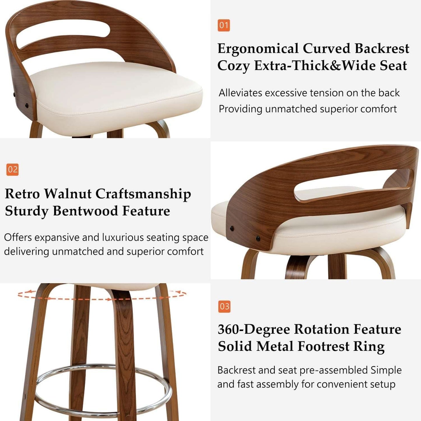 Bar Stools Set of 3 Swivel 30 Inch Beige Faux Leather