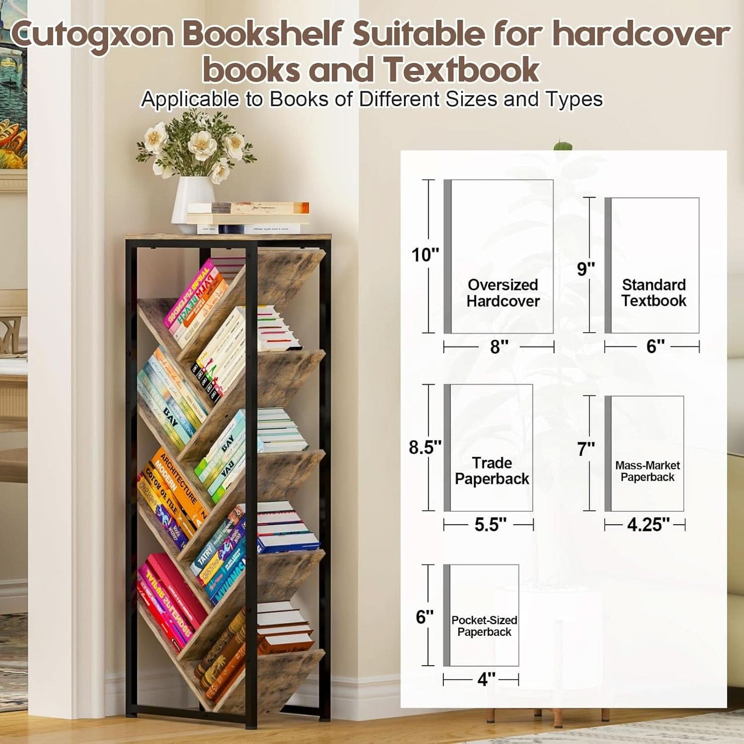 Tree Bookshelf 9 Tier Floor Standing Wooden Bookcase For Small Spaces